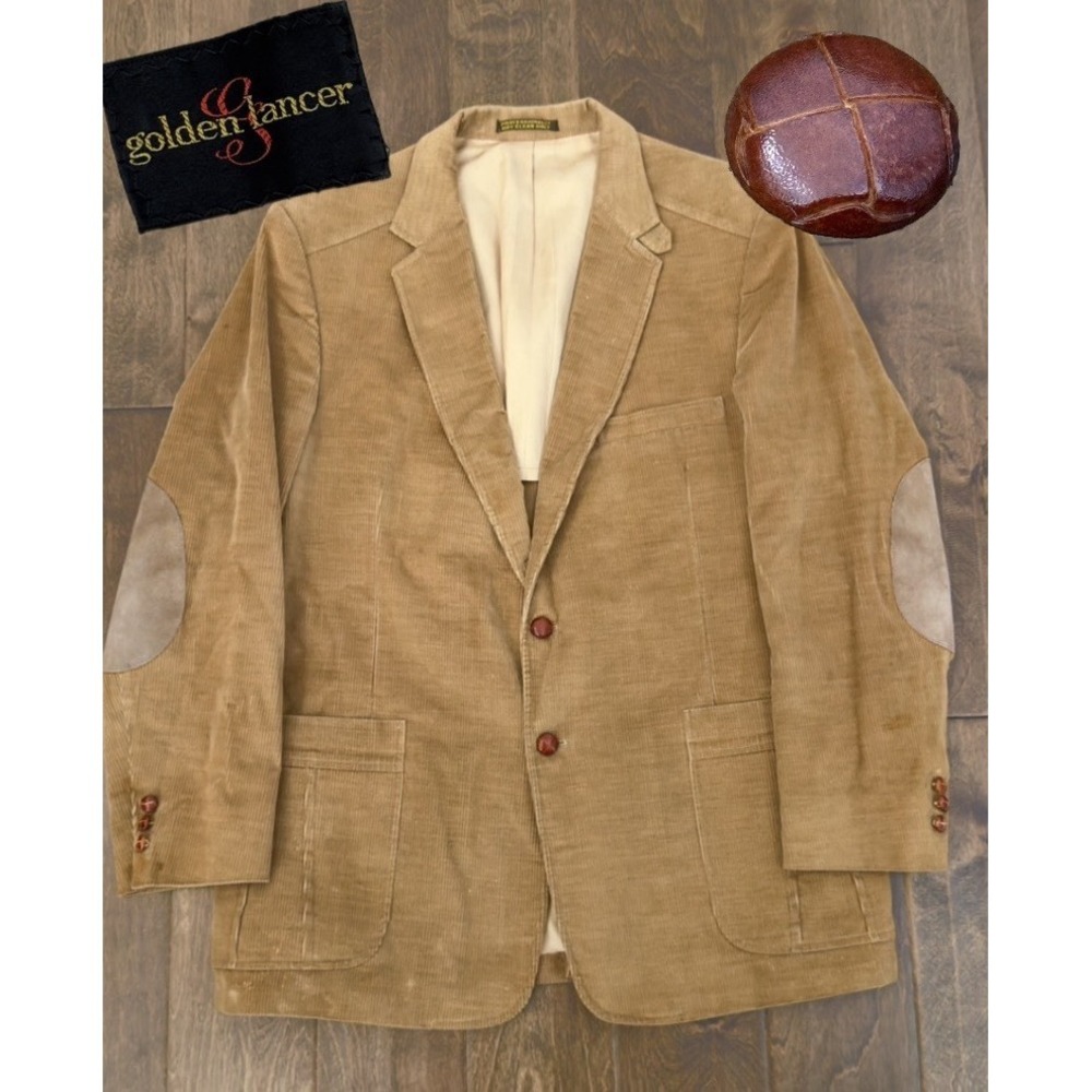 Vintage Golden Lancer Mens Tan Corduroy Blazer Jacket Coat Elbow‎ Patch Size 42R